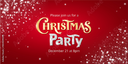 Christmas party horizontal poster with red glowing background, golden title, silver glitter lettering and sparkles. Ideal website header, promo banner or event advertising design.