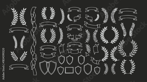 Collection of vintage laurel wreaths, shields and ribbon banner elements for emblem and badge graphic design