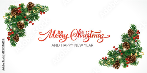 Christmas corner garland frame with pine cones, red berries, ribbons, and glowing lights. Elegant calligraphy Merry Christmas lettering. Realistic festive vector design.