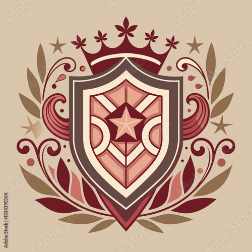 Red and Pink Heraldic Shield with Crown and Floral Embellishments crest emblem