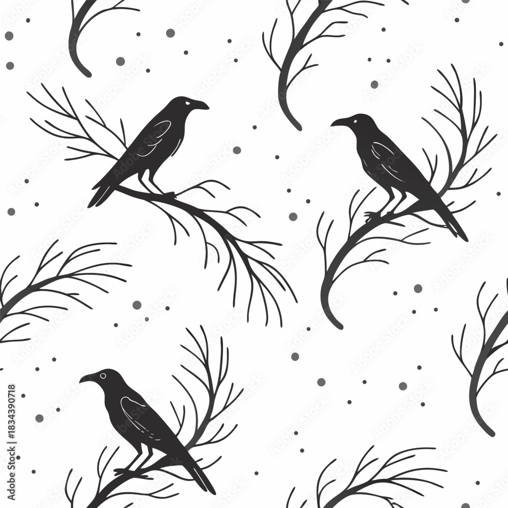Obraz premium Seamless pattern of silhouette crows on branches with dots raven