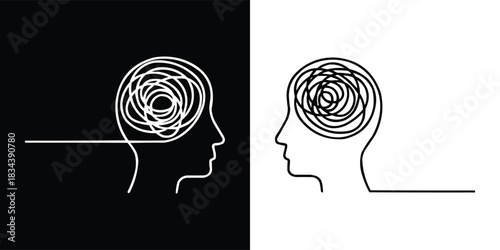 Human head silhouette with tangled line brain symbol representing stress confusion and mental health in black and white minimal style