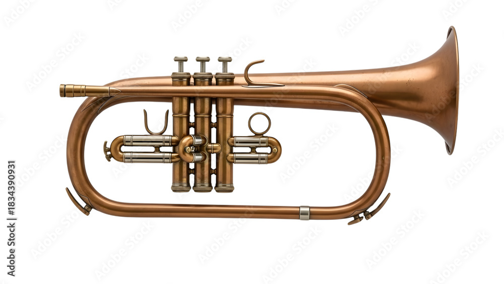Obraz premium Detailed view of a vintage copper flugelhorn with silver valve caps and accents isolated on a transparent background
