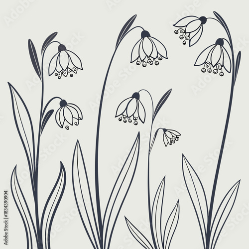 Stylized dark blue line art of bell-shaped flowers with leaves on a light grey background bell flowers