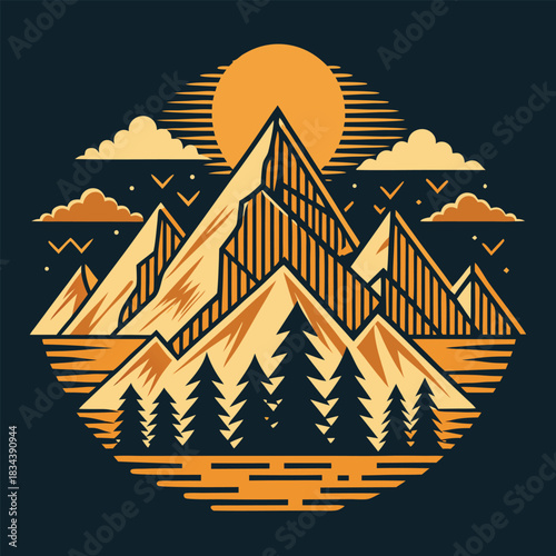 Stylized mountain landscape with sun and trees in circular design Keywords: mountain, landscape, sun, sky, clouds, trees, nature, outdoor