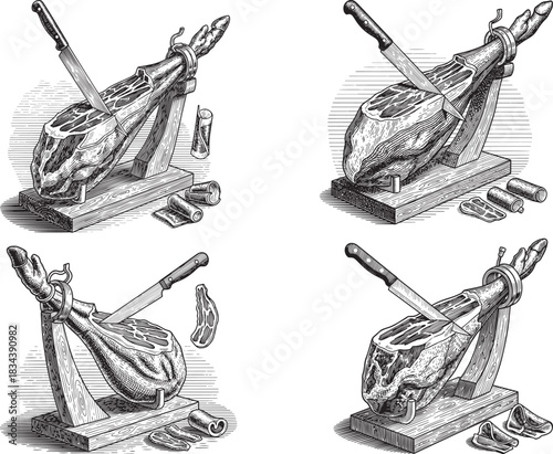Vintage engraved Spanish jamón serrano leg icon set featuring carving cut slices, wooden stand and classic culinary presentation