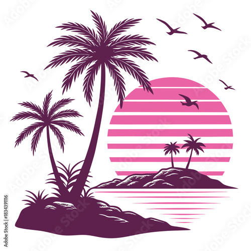 Tropical Island Silhouette with Palm Trees and Pink Sunset on White Background vector illustration