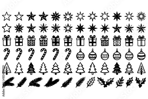 set of Christmas Icons silhouettes,
Modern Christmas Icons Set.
Tree, Stars, Ball, Candy Cane, Present in Watercolor Texture