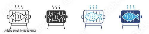 Fish Grill Icon Set, Barbecue Seafood Cooking, Outdoor Grill Meal Preparation and Culinary Smoke concept icon, vector illustration.