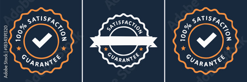Satisfaction guarantee badge set with checkmark seal ribbon stars and premium assurance labels in bold modern style
