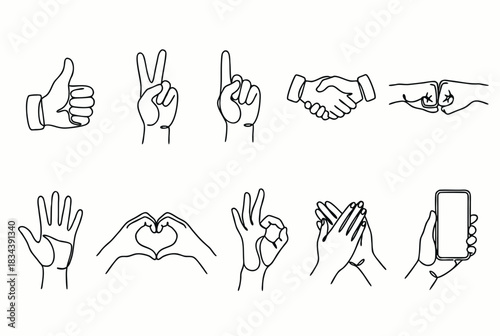 Minimalist Line Drawings of Hand Gestures and Signs – Modern Communication Illustration Collection