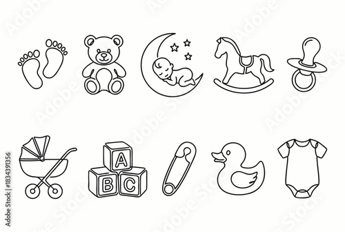 Minimalist Line Drawings of Baby Items and Childhood Symbols – Nursery and Parenting Illustration Collection


