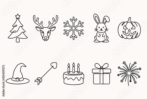 Minimalist Line Drawings of Holiday and Celebration Icons – Festive Illustration Collection