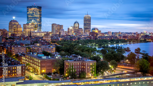 Conceptual image of Boston in Massachusetts, USA at night showcasing the Back Bay park of the city.