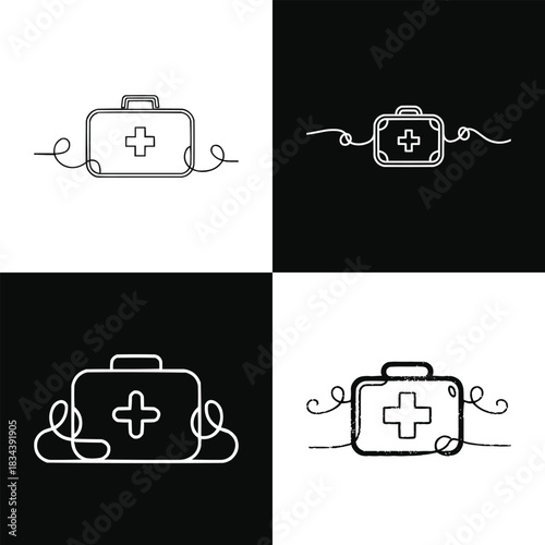 First aid kit line art icons with medical cross symbols in black and white minimal style for healthcare and emergency design