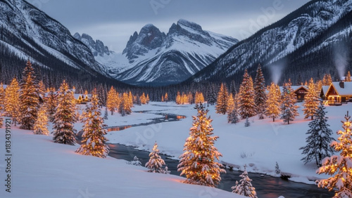 Enchanting winter wonderland with snow-covered mountains, glowing Christmas trees, and cozy cabins, perfect for holiday promotions and seasonal cheer
