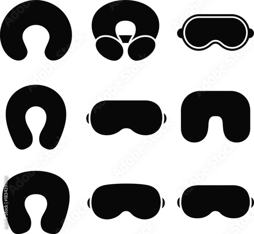 Travel comfort essentials icon set with various neck pillows and sleep masks for restful journeys, offering relaxation and convenience on flights, trains, and cars.