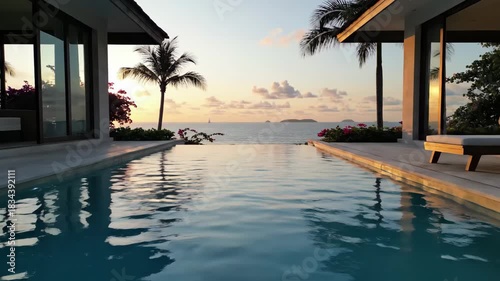 Luxury Villa Infinity Pool Ocean View - Stunning view from a luxury villa's infinity pool overlooking the ocean at sunset.
