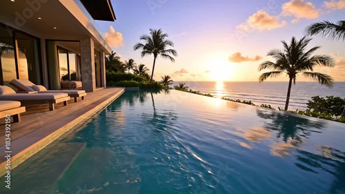 Luxury Villa Infinity Pool at Sunset - A stunning infinity pool at a luxury villa overlooks the ocean at sunset.
