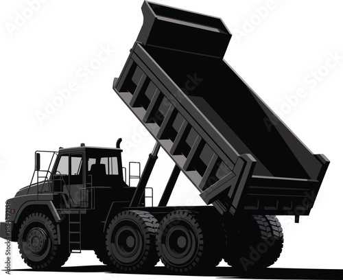 A powerful heavy-duty articulated dump truck illustration, with its large cargo bed raised, designed for robust construction, mining, and earthmoving operations, isolated.