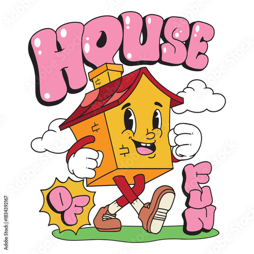 Playful cartoon design of a walking house character with smiling face, bold bubble text and bright colors, creating a cheerful retro style illustration perfect for fun themed artwork.