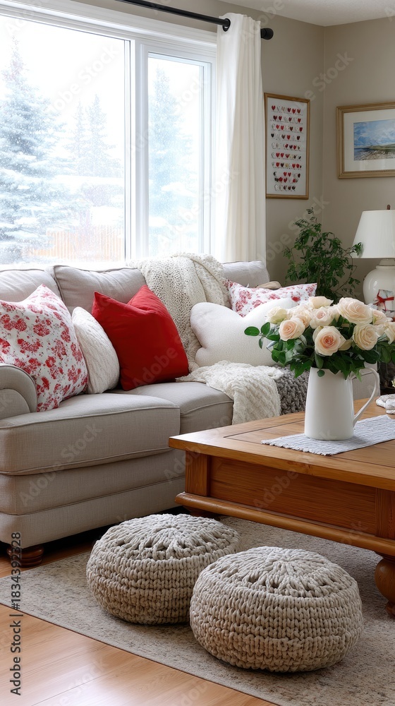 Naklejka premium Valentines day themed living room with heart shaped pillows, fresh roses and cozy decor in a snow filled winter setting