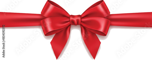 Realistic red bow and ribbon with shadow on white background vector illustration. Red satin gift bow for Christmas and valentines. Red bow vector design material.