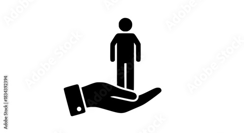 Man small on hand flat outline black white icon 