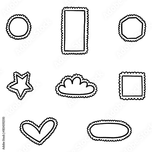 Scallop frames set, Doodle frames and shapes with bubbly edge isolated on white background
