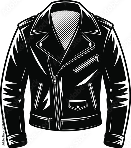 Classic black leather biker jacket vector illustration, featuring iconic lapels, zippers, and pockets, embodying rebellion, freedom, and vintage rock fashion style.