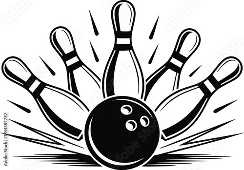 Bowling ball striking pins, creating an explosive impact, symbolizing a perfect strike or competitive success in a fun and engaging leisure sport game or activity