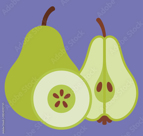 Fresh green pears whole and sliced showing seeds on purple background