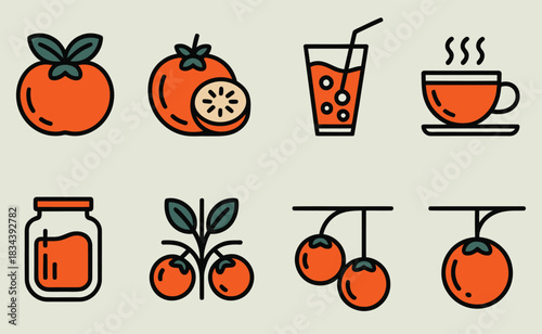 Fresh persimmon fruit icons set with juice jam and other elements
