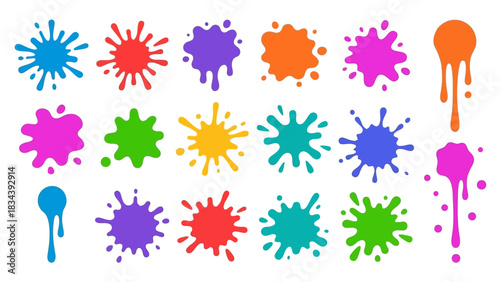 Colorful Paint Splatter Icon Set Featuring Abstract Shapes and Irregular Forms – Ideal for Artistic Design, Visual Effects, and Creative Projects in Branding, Education, and Expressive Illustration