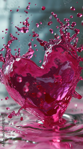 Pink liquid heart exploding into dynamic splash with droplets frozen in mid-air, symbolizing intense love, passion, and dramatic emotion