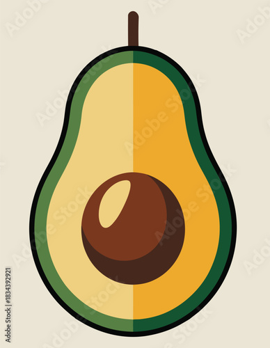 Stylized halved avocado illustration with a dark seed on a light background