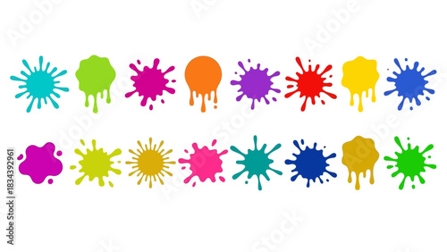 Colorful Paint Splatter Icon Set Featuring Abstract Shapes and Irregular Forms – Ideal for Artistic Design, Visual Effects, and Creative Projects in Branding, Education, and Expressive Illustration