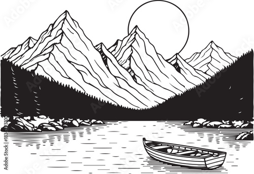 Vintage Mountain with sunset river on boat Range Hand-Drawn Illustration	