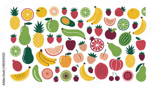 Colourful assorted fruit illustration pattern with tropical and seasonal produce on a clean white background