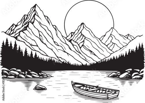 Vintage Mountain with sunset river on boat Range Hand-Drawn Illustration	