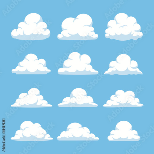 Cartoon Clouds Collection - A Variety of Fluffy White Shapes on Blue Sky.