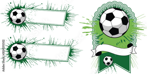 Soccer Ball Paint Splash Graphics with Green Background, Emblem Design, and Blank Nameplate Templates for Sports Branding