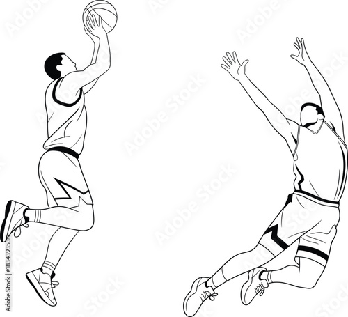 Basketball Players in Mid-Air Silhouette Performing Layup and Defensive Block in Action-Packed Black and White Vector Illustration