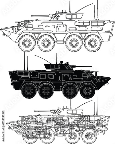 Armored Personnel Carrier Side Views Featuring Line Art, Silhouette, and Wireframe Technical Drawing of 8-Wheeled Military Vehicle