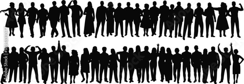 Collection of diverse human silhouettes standing together in multiple poses, representing unity, teamwork, community connection, social interaction, and group crowd illustration for design projects.