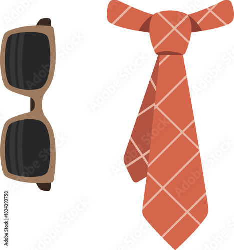 Men’s Fashion Accessories Featuring Brown Sunglasses and Orange Checkered Necktie in Stylish Vector Illustration for Apparel Design