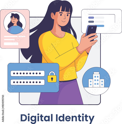 Illustration of woman managing secure digital identity with smartphone, personal profile, password protection, and online authentication icons in modern flat design.