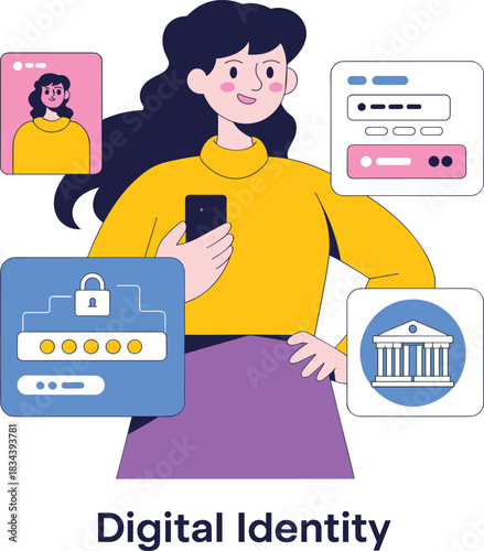 Modern digital identity concept illustration showing woman using secure mobile authentication, personal profile data, password protection, and online verification system.