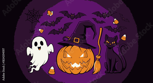 A fun and spooky collection of classic Halloween symbols, including a Jack-o'-lantern with a witch hat, a ghost, a black cat, and bats