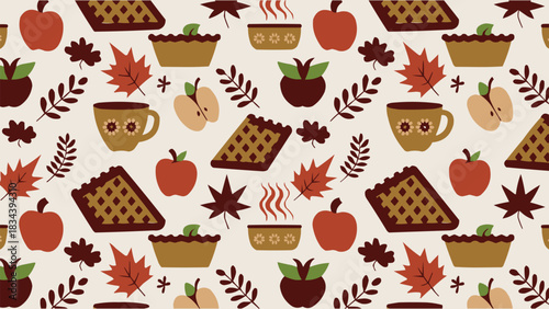 Autumn seamless pattern with apples pies leaves mugs and cozy fall baking elements in warm seasonal colours